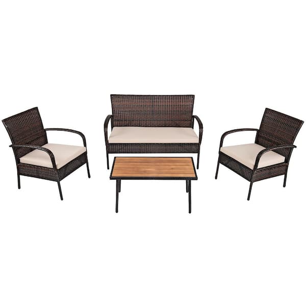 Gymax Rattan 4-Piece Wicker Patio Conversation Set Outdoor Furniture Set with Yellowish Cushion