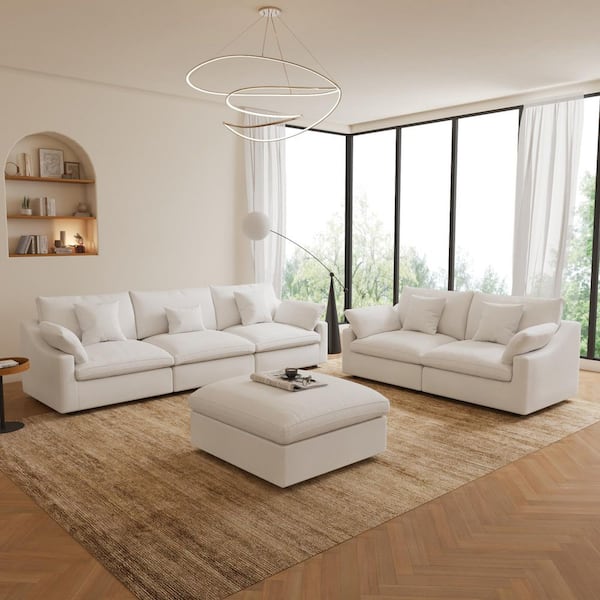 196 in. W Square Arm Linen Upholstered Rectangle 5-Seater Sectional Sofa with Ottoman in White