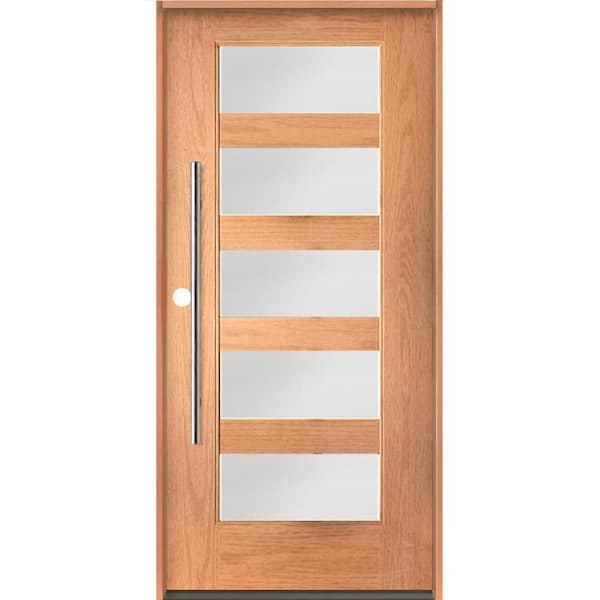 Krosswood Doors ASCEND Modern Faux Pivot 36 in. x 80 in. 5 Lite Right-Hand/Inswing Satin Glass Teak Stain Fiberglass Prehung Front Door