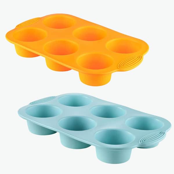 6-Cup Silicone Nonstick Muffin Pan Food-Grade Baking Mold Dishwasher Safe Vibrant Orange Peacock Blue 2 Pack