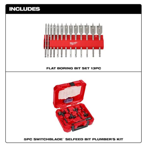 High Speed Wood Spade Bit Set with SWITCHBLADE Plumbers Selfeed Bits Set (18-Piece)