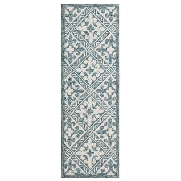 LR Home Bella Indigo Blue 2 ft. 3 in. x 6 ft. 9 in. Eclectic Hand-Tufted Floral 100% Wool Runner Area Rug