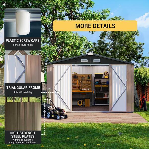 SUNMTHINK 10 ft. W x 8 ft. D Brown Outdoor Metal Storage Shed with