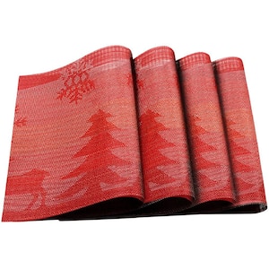 Red and White Deer Jacquard 12 in. x 18 in. PVC Fiber Woven Non-Slip Washable Placemat (Set of 4)