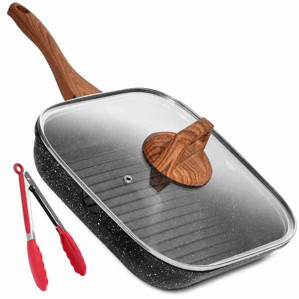 11 in. Nonstick Aluminum Grill Pan with Lid and Tongs, Versatile Induction Square Large Grilling Skillet Steak Pan