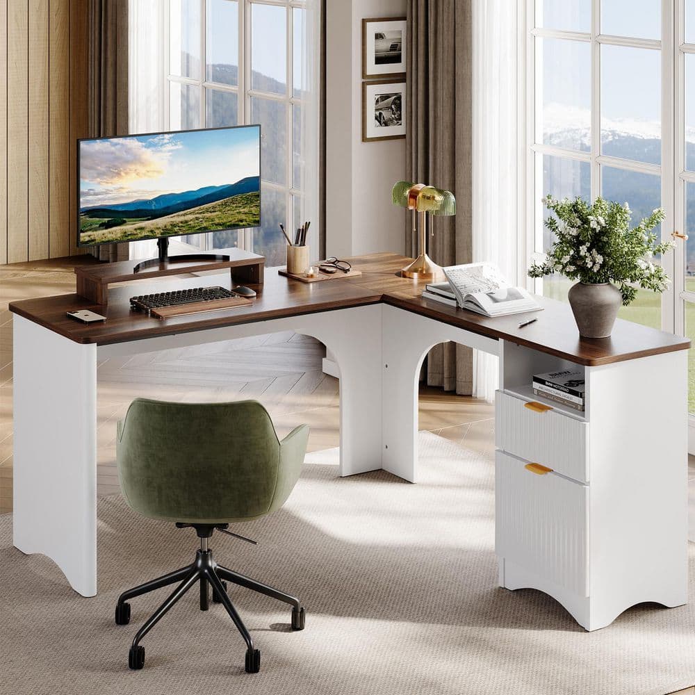 55 in. White and Walnut L-Shaped Home Office Desk with Monitor Stand, File Drawer and Open Cubby Storage