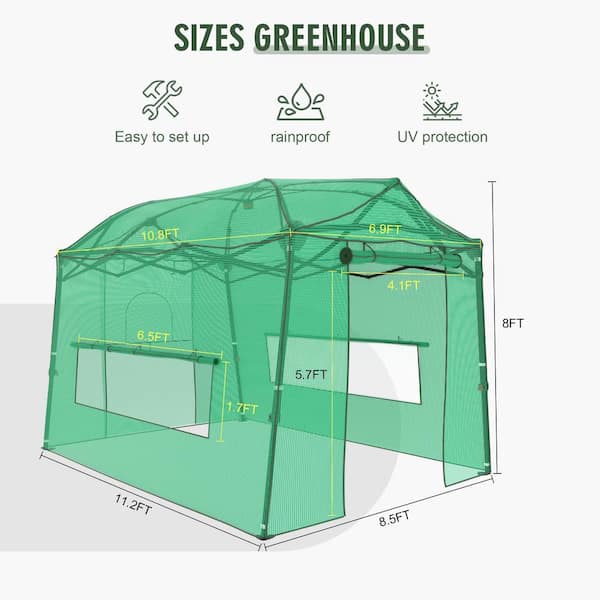 11.2 ft. x 8.5 ft. x 8 ft. Walk-in Greenhouse, Portable Pop-Up with Adjustable Heights and Durable PE Cover
