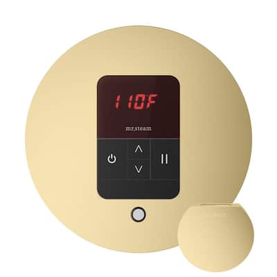 Basic Butler Steam Shower Control Package with Round iTempo Control and Steamhead in Satin Brass