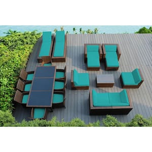 Mixed Brown 20-Piece Wicker Patio Combo Conversation Set with Supercrylic Turquoise Cushions