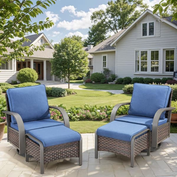 Carlos 4-Person All-Weather Brown Wicker Outdoor Glider with Ottomans and Blue Cushions