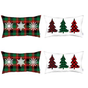 Decorative Christmas Tree & Plaid Throw Pillow Cover Lumbar 12 in. x 20 in. White & Red & Green for Couch Set of 4