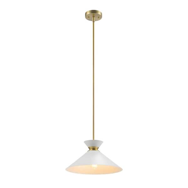 14 In. 1-Light Matte Brass Pendant Light with White Metal Tapered Shade and Matte Brass Ring