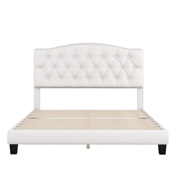 Boosicavelly Beige Wood Frame Queen Size Platform Bed with Saddle Curved Headboard