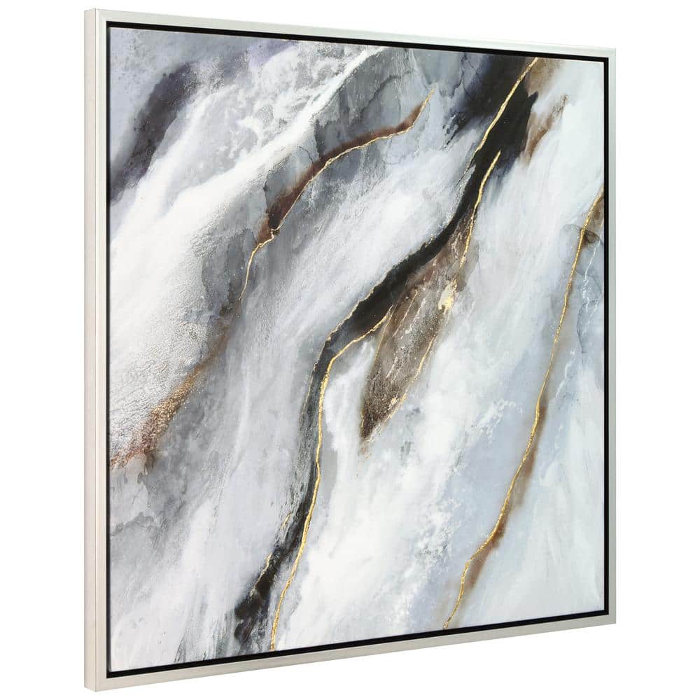 Flood Abstract Black and White Canvas with Gold Leaf and Champagne Frame, 36" x 36"