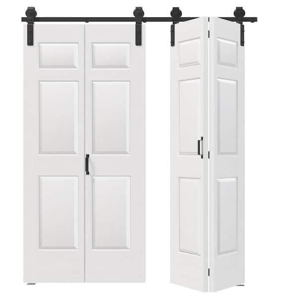 84in x 84in (Double 42"W Doors) White Finished, MDF, 6 Panel Bi-Fold Style Sliding Barn Door with Hardware Kit