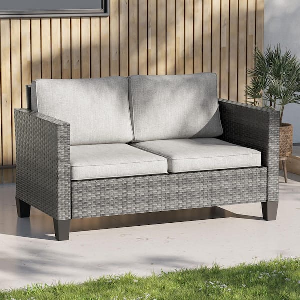 All-Weather Metal Frame Gray Wicker Outdoor Loveseat Patio Chaise Lounge with Linen Gray Cushions