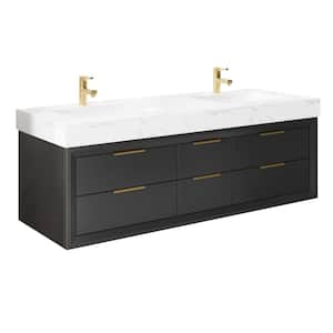 MarbleLux 60 in. W x 20.8 in. D x 21.2 in. H Wall Mounted Bathroom Vanity with Double Sink in Black with Marble Top