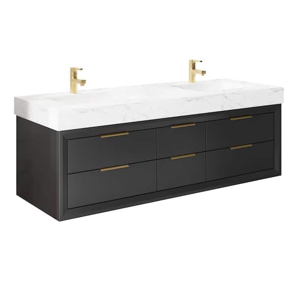 ExBrite MarbleLux 60 in. W x 20.8 in. D x 21.2 in. H Wall Mounted Bathroom Vanity with Double Sink in Black with Marble Top