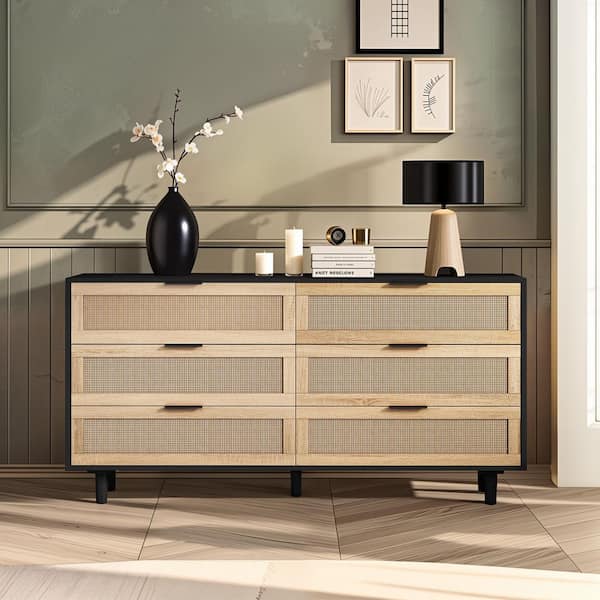 59.06 in. 6-Drawers Rattan Storage Cabinet Rattan Drawer, for Bedroom, Living Room, Black