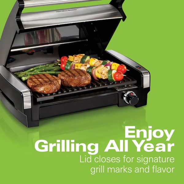 Hamilton Beach Searing Grill 118 in. Stainless Steel Indoor Grill with Non-Stick Plates, Silver