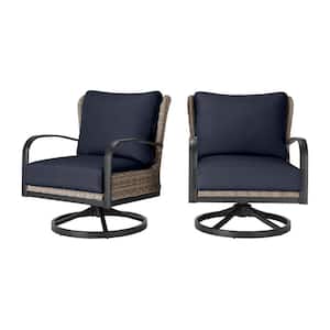 Hazelhurst Brown Wicker Outdoor Patio Swivel Lounge Chair with CushionGuard Midnight Navy Blue Cushions (2-Pack)