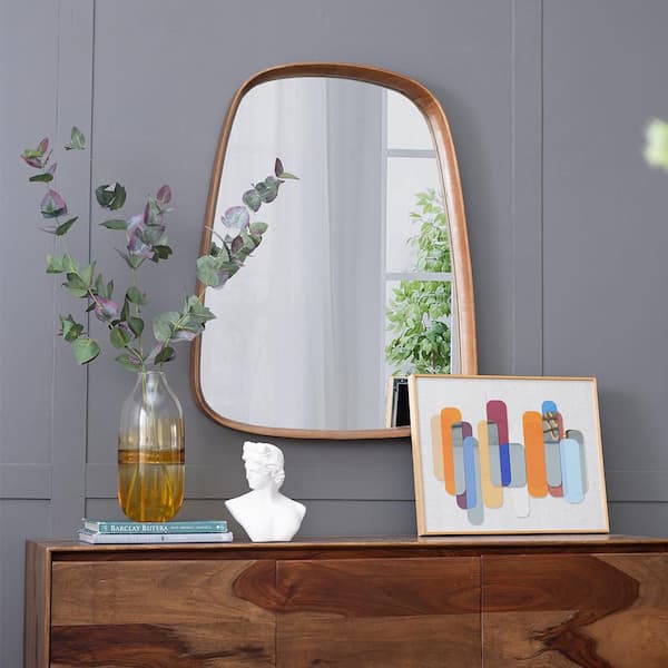 Brown 27 in. W x 37.4 in. H Farmhose Irregular Wood Framed Mirror Wall Mirror Wall Decor Mirror