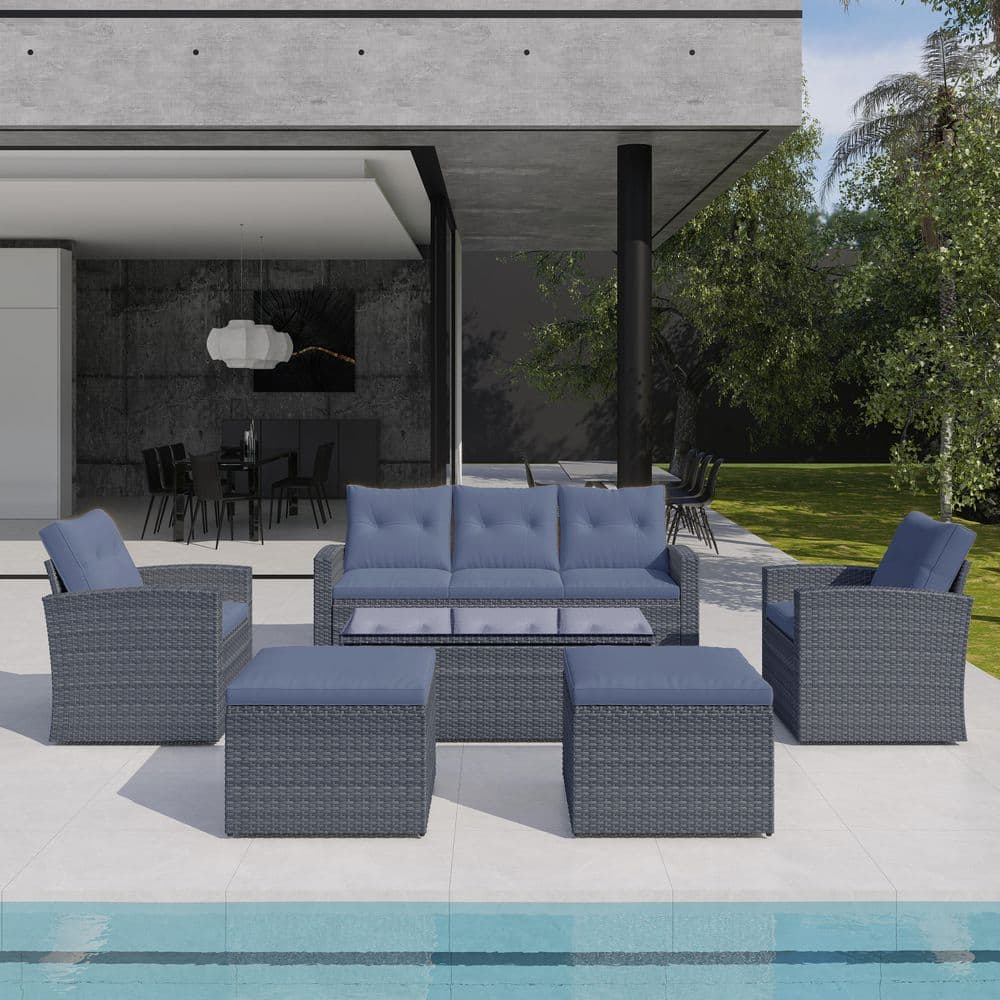 6-Piece Dark Grey Wicker Patio Conversation Set with Light Grey Cushions