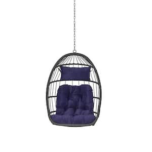 Outdoor Garden Rattan Wood Egg Swing Chair Hanging Chair With Dark Blue Cushion