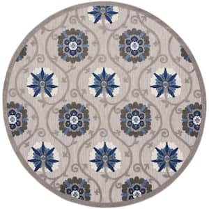 Aloha Grey/Blue 8 ft. x 8 ft. Round Floral Contemporary Indoor/Outdoor Area Rug