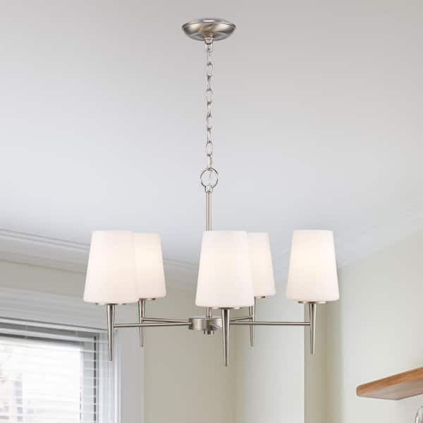 Horizon 5-Light Brushed Nickel Hanging Chandelier Light Fixture with Frosted Glass Shades