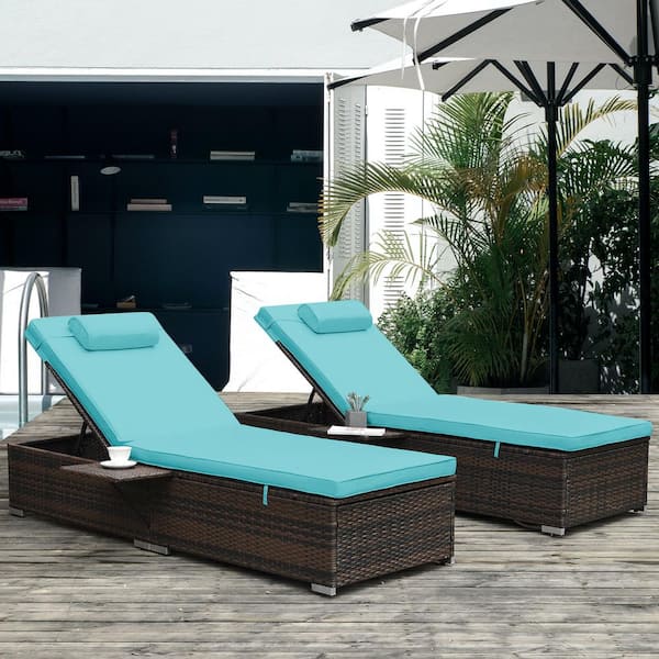 Runesay Wicker Outdoor Patio Chaise Lounge Chairs Adjustable Poolside Loungers Sunlounger with Blue Cushions Set of 2
