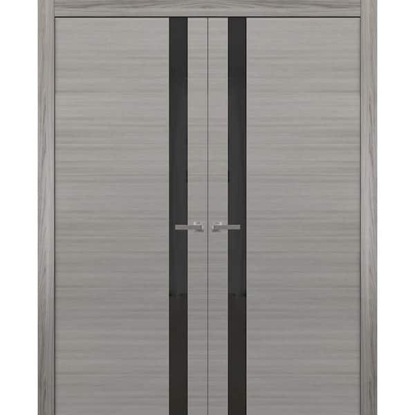 60 in. x 96 in. 2 Panel Grey Ash Finished Solid Wood Sliding Door with Hardware