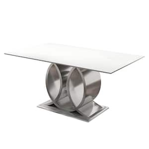 Modern Rectangle White Snowy Mountain Stone Slab Tabletop 70.87 in. Stainless Steel Mirror Pedestal Dining Table 8 Seats