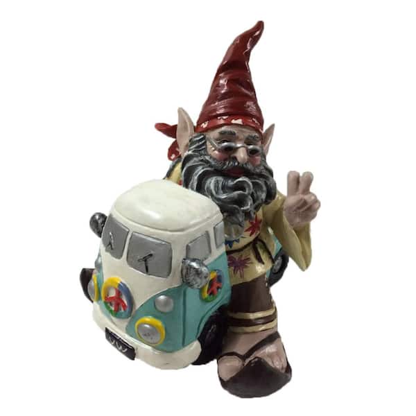 HOMESTYLES 11 in. H 60's Jerry Peace Man Hippie Gnome Riding in His VW Bus Home and Garden Gnome Statue