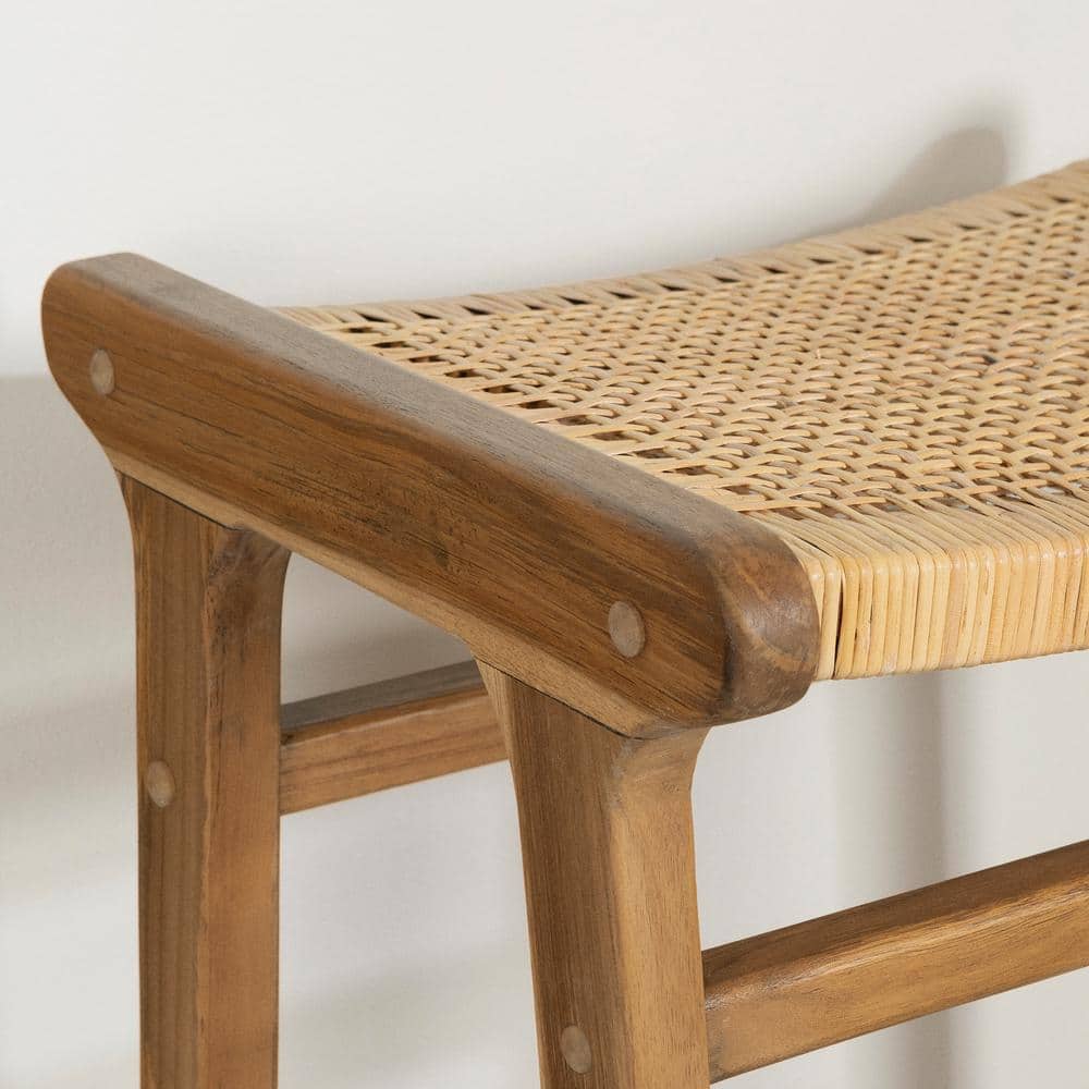 Natural Teak and Rattan Counter Height Bar Stools, Set of 2