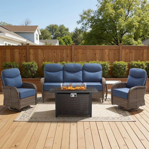 High Crescent 5-Piece Brown Wicker Patio Conversation Set with Blue Cushions and Steel Fire Pit Table