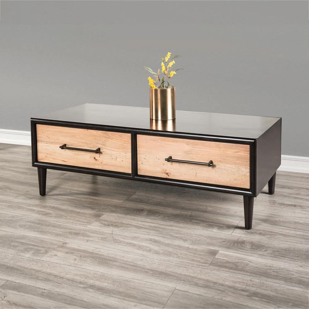Glen 52 in. Modern Farmhouse Black and Natural Rectangle Wood Top Coffee Table with 2 Drawers
