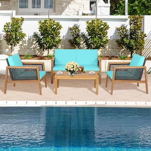 Brown 4-Piece Wood Patio Conversation Set with Turquoise Cushions