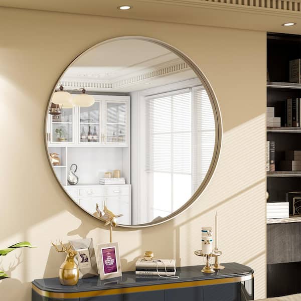 XRAMFY 30 in. W x 30 in. H Round Silver Aluminum Alloy Deep Framed Wall Mirror