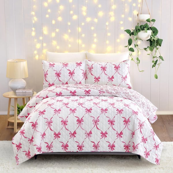 Modern Heirloom Abigail 2-Piece Pink/White Bow Microfiber Twin Quilt Set