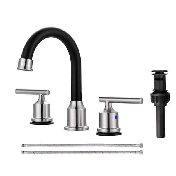 WOWOW 8 in. Widespread Double Handle Bathroom Faucet in Black and Brushed Nickel