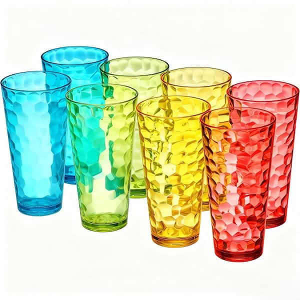 24 oz. Set of 8 Shatter-Proof, Stackable, Multi-colors Clear Plastic Tumblers Shatter-Proof, Dishwasher-Safe