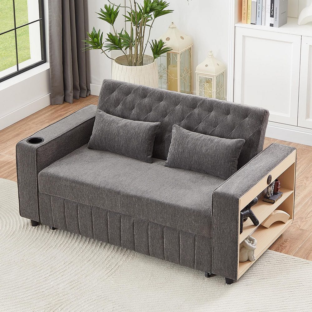 Grey 61.4 in. Pull-out Sofa Bed Convertible Couch Loveseat Sofa Modern Slee