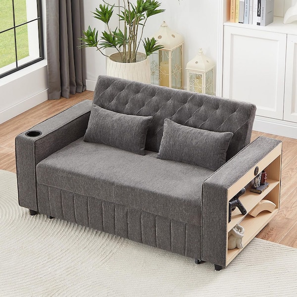 Grey 61.4 in. Pull-out Sofa Bed Convertible Couch Loveseat Sofa Modern Sleeper Sofa with Adjustable Backrest