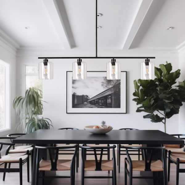 4-Light Matte Black Linear Island Pendant Light with Clear Glass Shades, Modern Chandelier