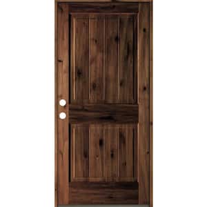36 in. x 80 in. Rustic Knotty Alder Square Top V-Grooved Red Mahogony Stain Right-Hand Wood Single Prehung Front Door