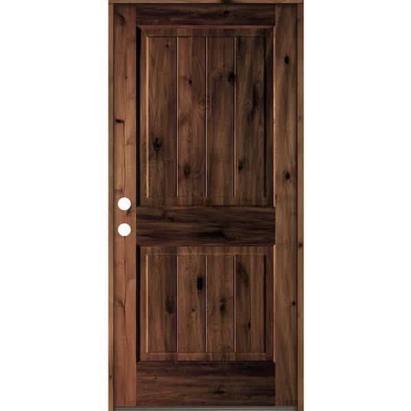 Krosswood Doors 42 in. x 80 in. Rustic Knotty Alder Square Top V-Grooved Red Mahogony Stain Right-Hand Wood Single Prehung Front Door