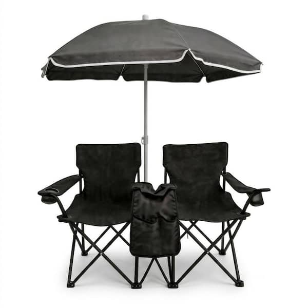 Outdoor Portable Double Folding Camping Chair Set with Umbrella and with Cup Holders 2-Person Beach Chair,Black
