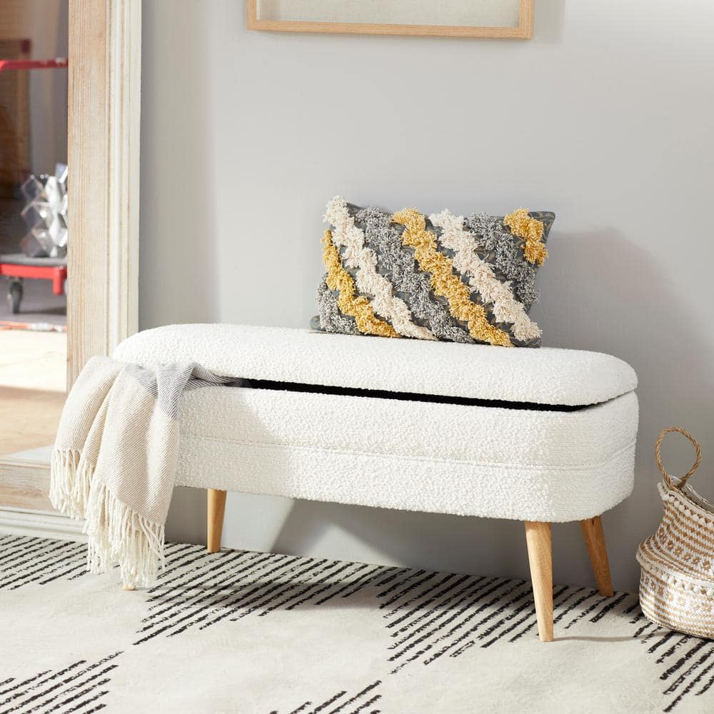White Upholstered Storage Bench with Squared Wood Legs