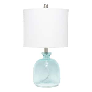 20 in. Clear Blue Hammered Glass Jar Table Lamp with White Linen Shade
